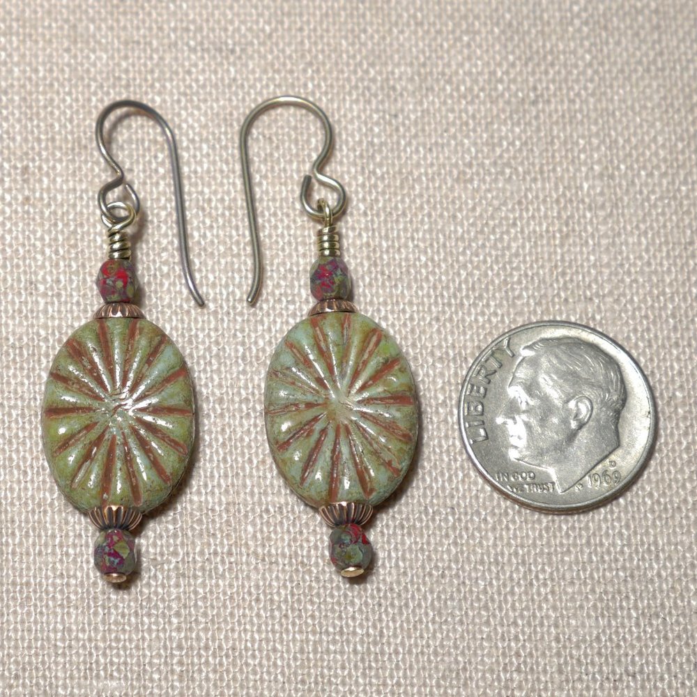 Hand Crafted Handmade Earrings Olive & Rust Oval Czech Beaded Earrings - Picture 3 of 4